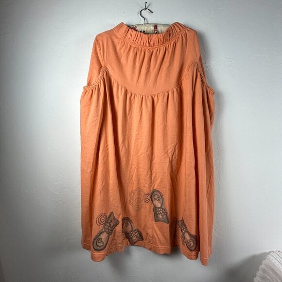 Blue Fish Hand Printed Organic Cotton Midi Skirt Pockets Lagenlook Orange USA 1 - Picture 2 of 8